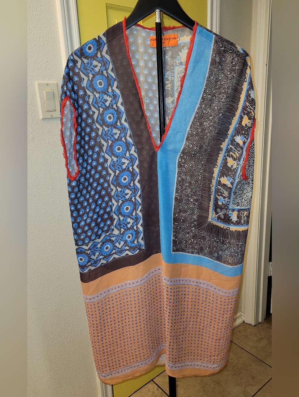 100% Silk Clover Canyon Blue, Tan & Red V‑Neck Printed Maxi Sheer Scarf Dress